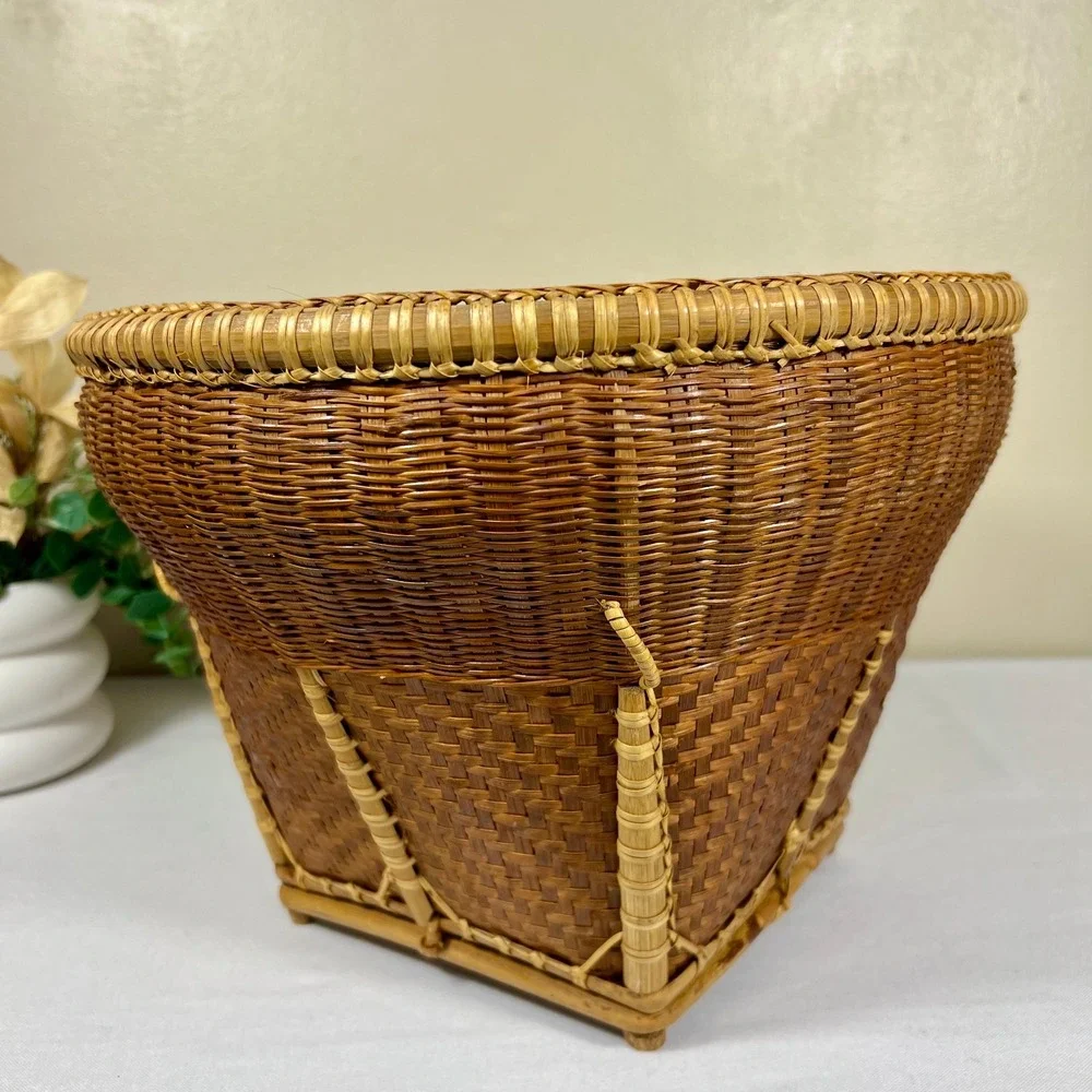 Vintage Dark Brown Woven Wicker Rattan and Bamboo Basket